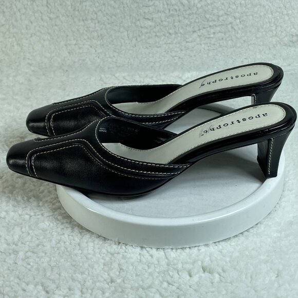 Apostrophe Mules Womens Size 7.5 Black Slide On Mules 2 Inch Block Heel Leather - Picture 4 of 10